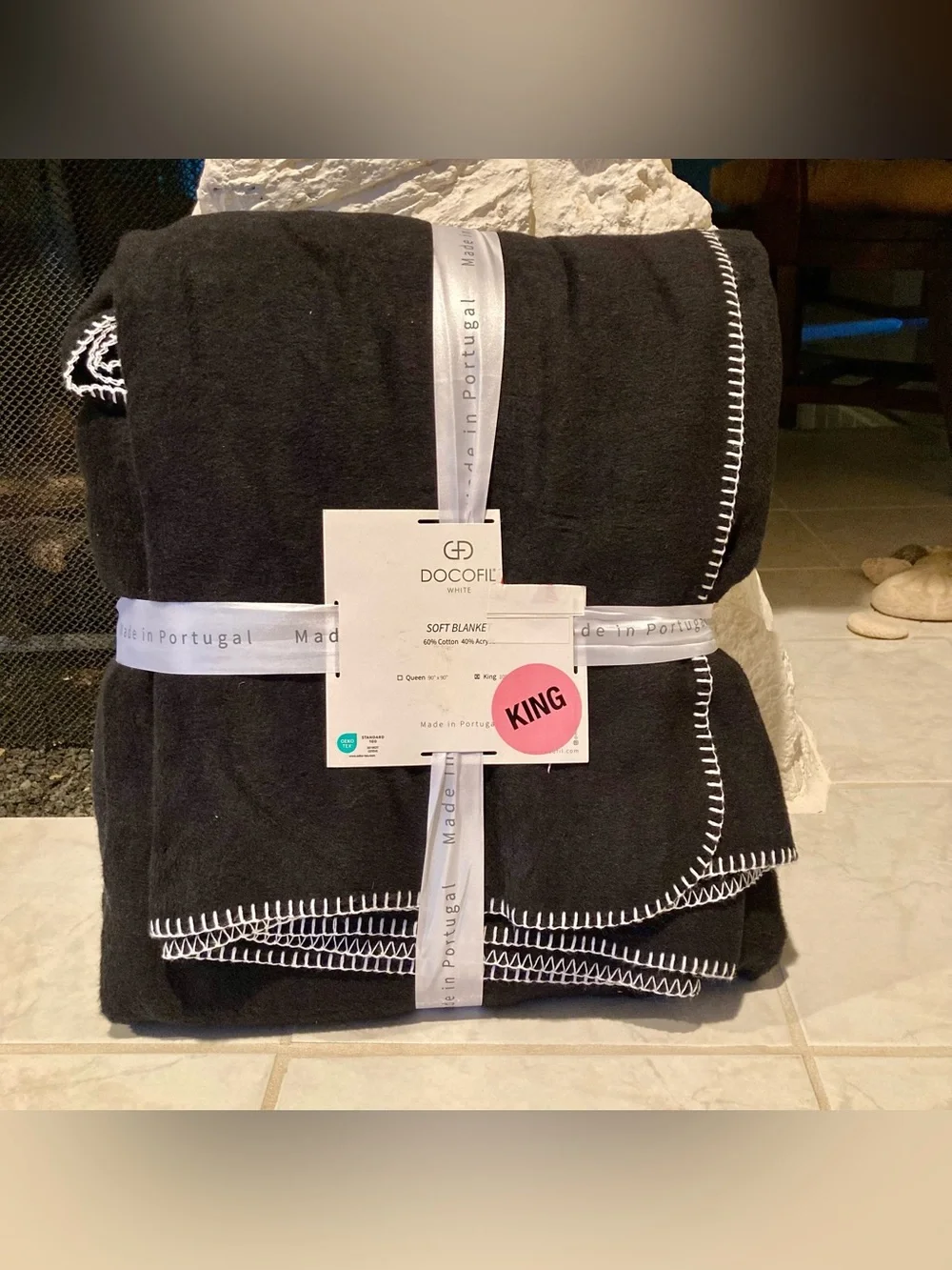 NWT “Docofil White” Soft King Blanket in Black with White Whipstitch Detail
